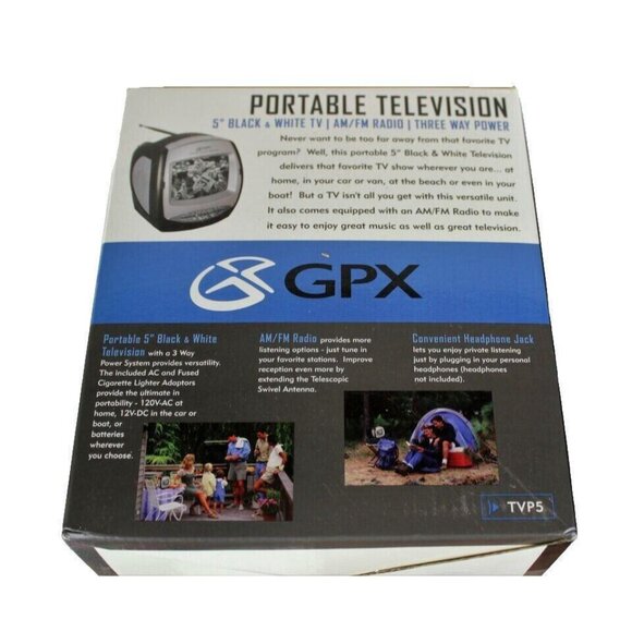 GPX TVP5 Portable Tv 5” Black White AM-FM Radio 3 Way Power - Picture 2 of 2
